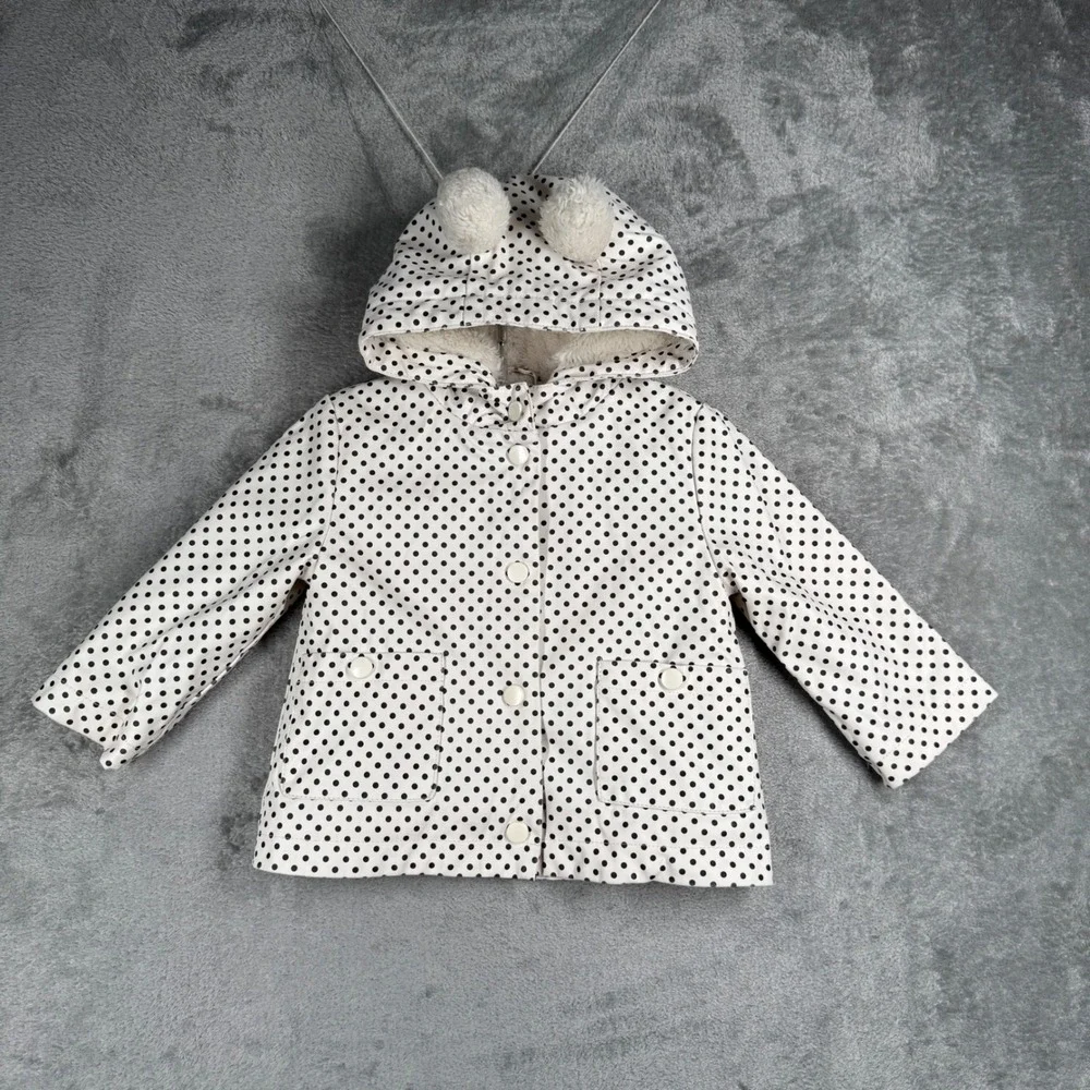 C&C California‎ Kids Rain Jacket 12M White Black Polka Dot Pompom Hooded Coat